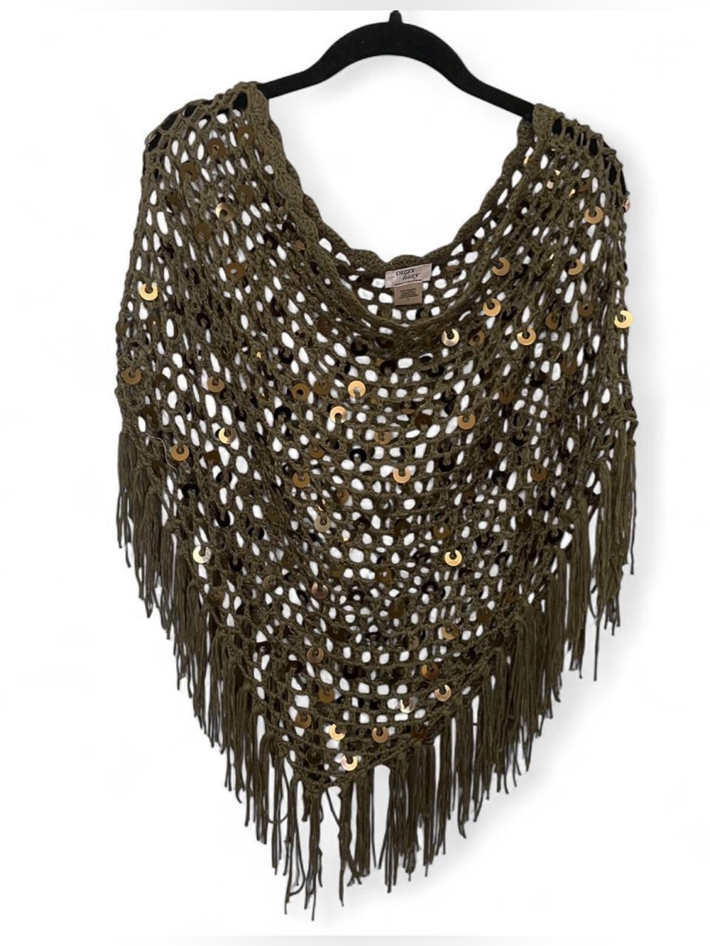 Dizzy Lizzy Olive khaki green sequin crochet poncho with fringe size Large New